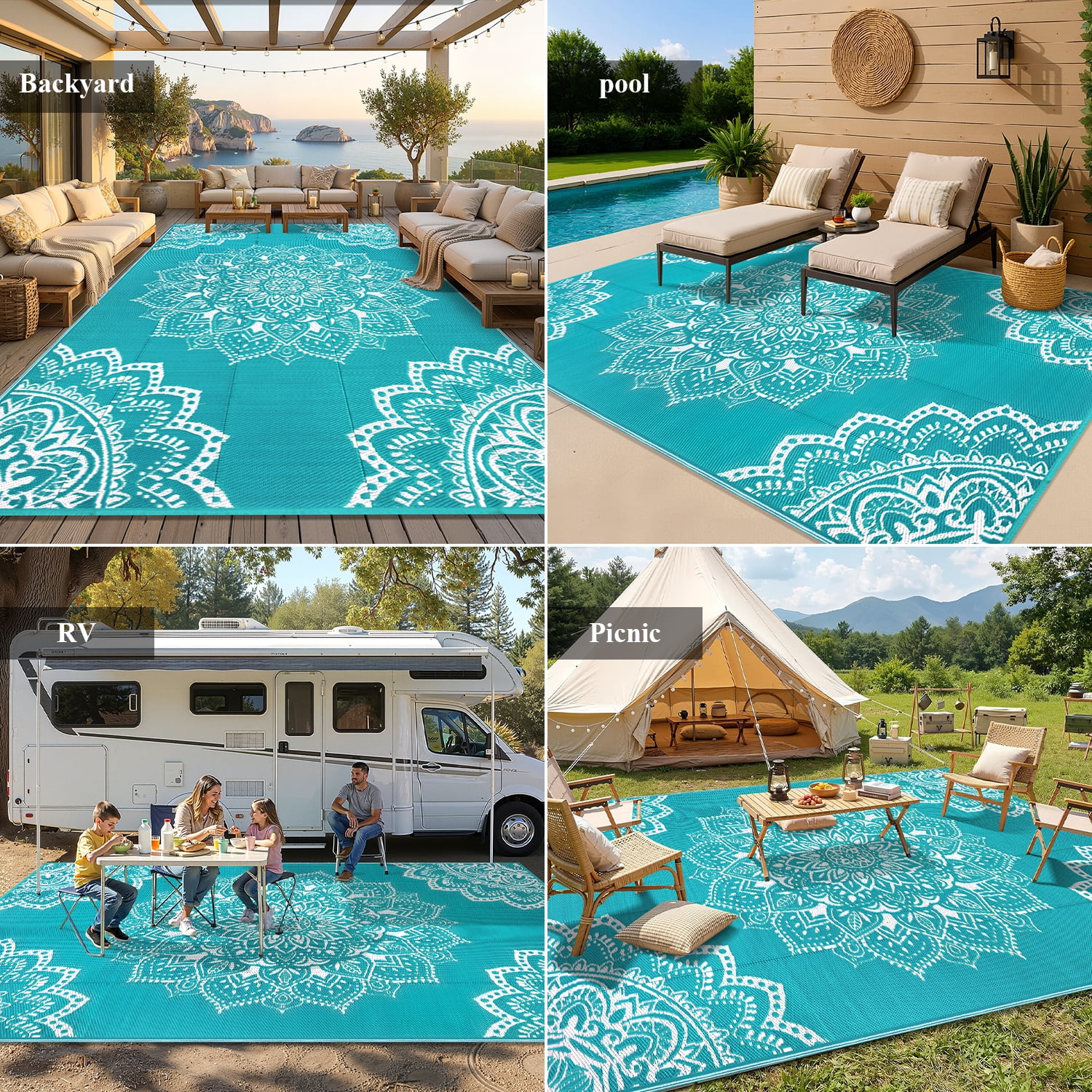Findosom 9'x12' Outdoor Rugs Large Patios RV Outdoor Rug Reversible Waterproof Camping Rugs Portable Plastic Straw Outdoor Area Rug for Camping, RV, Balcony, Patio, Picnic,Teal
