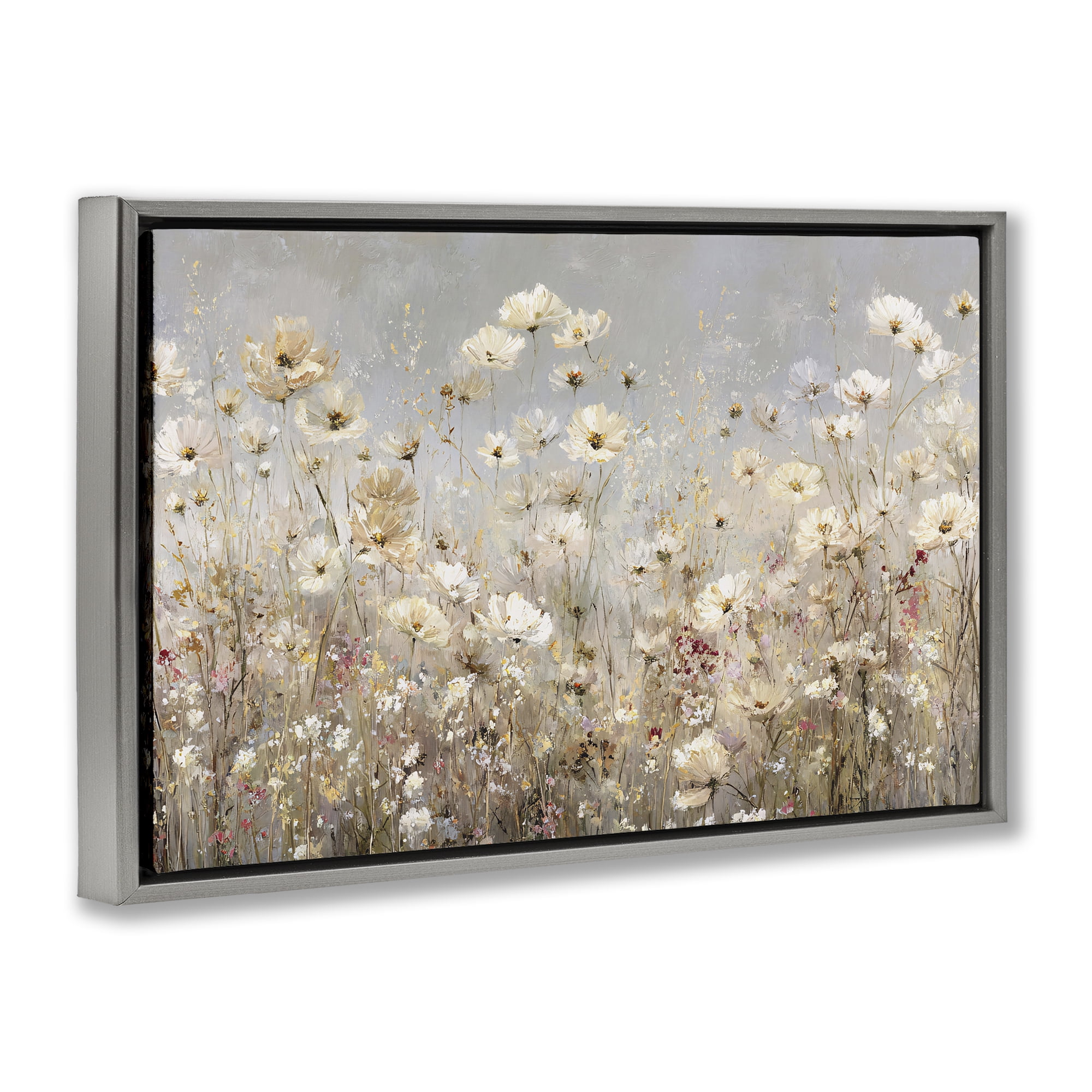 Stupell Industries White Daisy Clusters Meadow Gray Framed Floater Canvas Wall Art, design by Jacky Ngan
