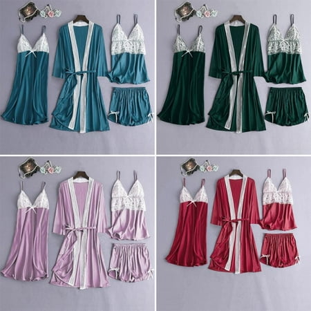 

DROPSHIPPING!4 Piece Pajamas Set Women Silk Satin Robe Lace Sling Sleepwear Homewear Suit With Chest Pads