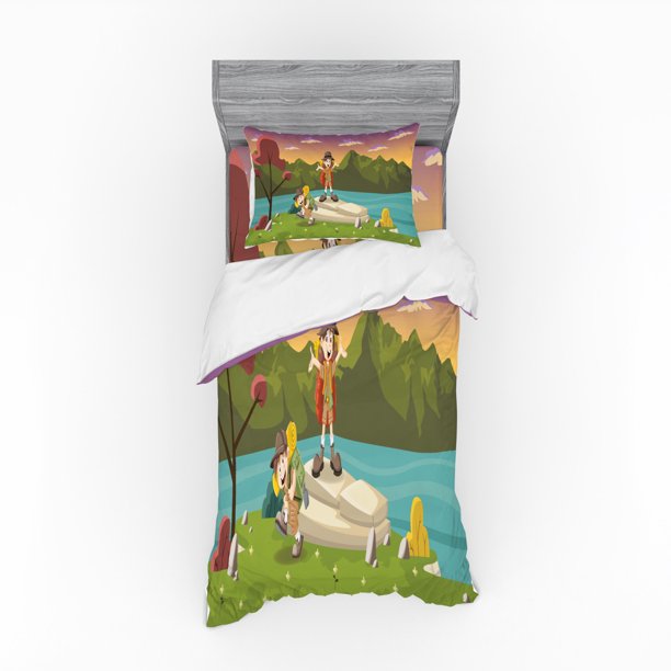 Colorful Duvet Cover Set, Best Friends Go Camping Hiking by the Lake