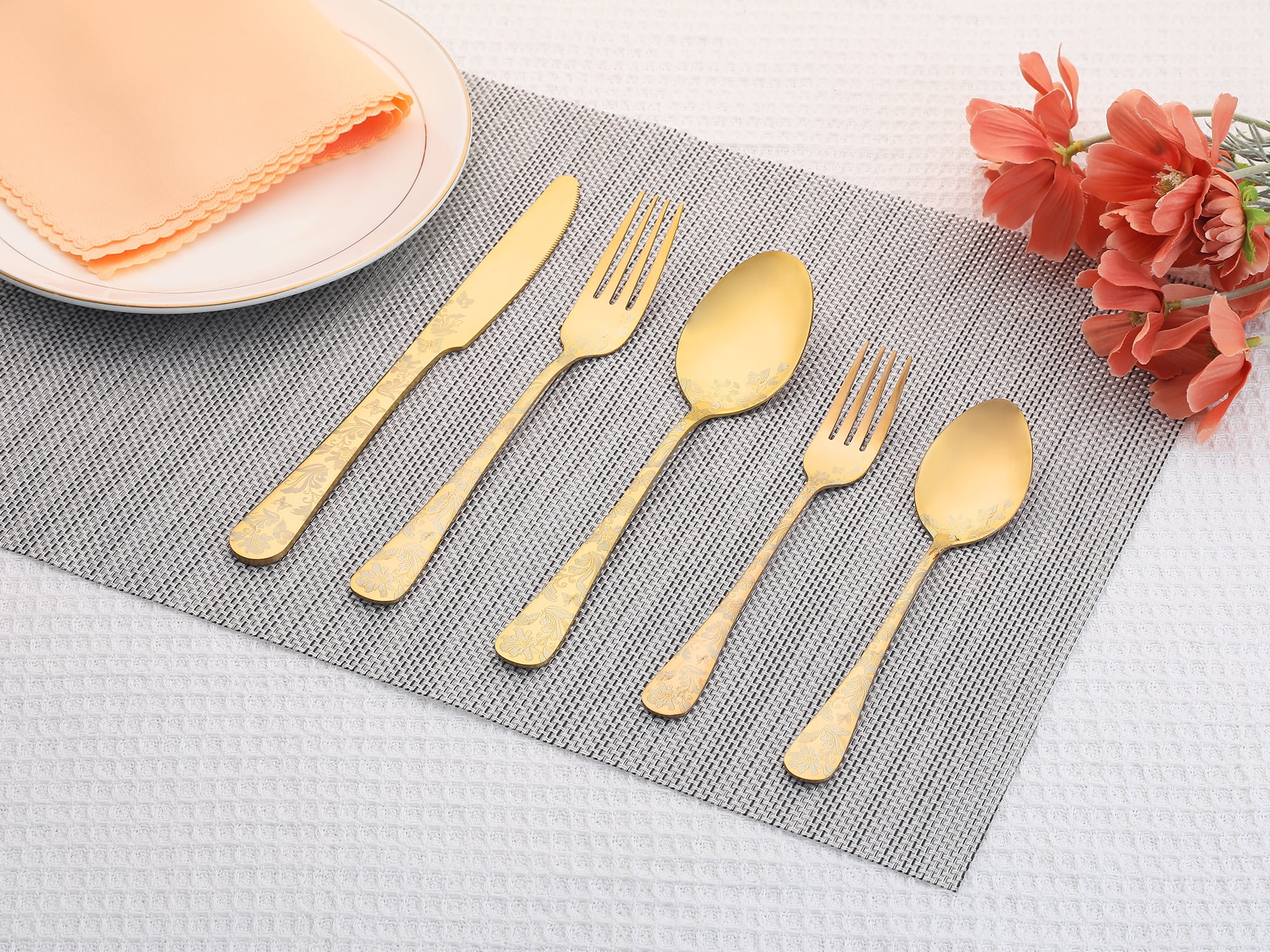 Unique Bargains 20 Pieces Stainless Steel Silverware Set Flatware Set Gold