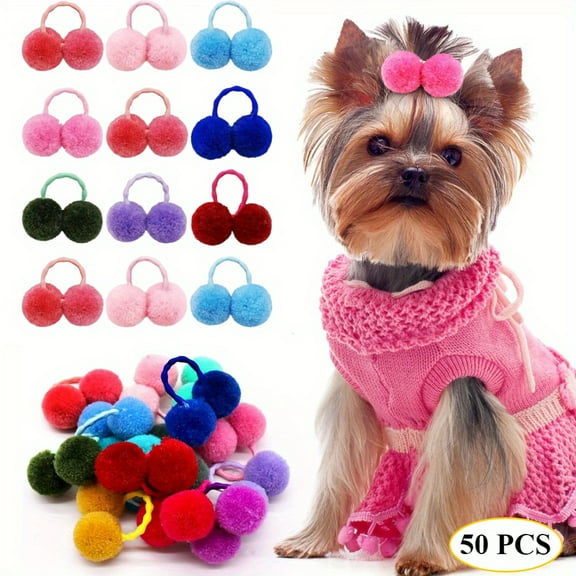 Pet Grooming Accessories, 50pcs Puppy Hair Bows with Rubber Bands | Mixed Color Small Dog Puff Balls for Yorkie, Cats and Pet Styling