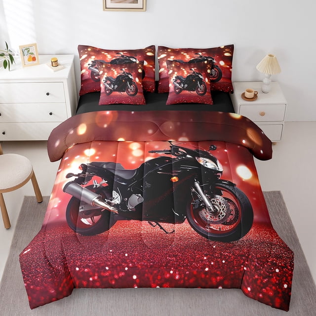 Motorcycle Twin Bedding Sets, Vehicles Riding Comforter Set, Dirt Bike Motocross Soft Bedding For Kids (Comforter+Fitted+Flat Sheet+2 Pillowcases+2 Throw Pillow Covers) 7 Pieces Bed Set