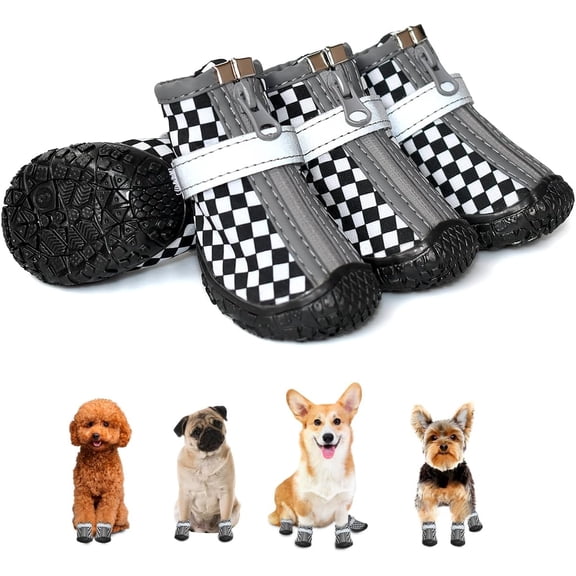 Dog Shoes for Small Dogs, Anti-Slip Dog Boots with Reflective Strips, Puppy Paw Protectors for Ourdoor Indoor Walking Winter Snow Summer Hot Pavement, Waterproof in Rainy Weather 4PCS/Set