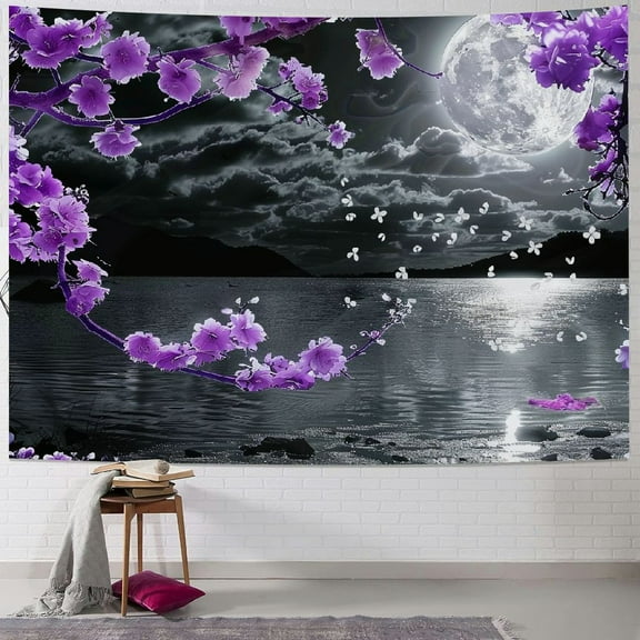 PRATYUS  Small Full Moon Over Ocean Tapestry Wall Hanging, Purple Japanese Cherry Blossom Wall Tapestry, Fantasy Asian Scenery Tapestry for Bedroom Living Room Dorm Home Decor, Multi Size Painting