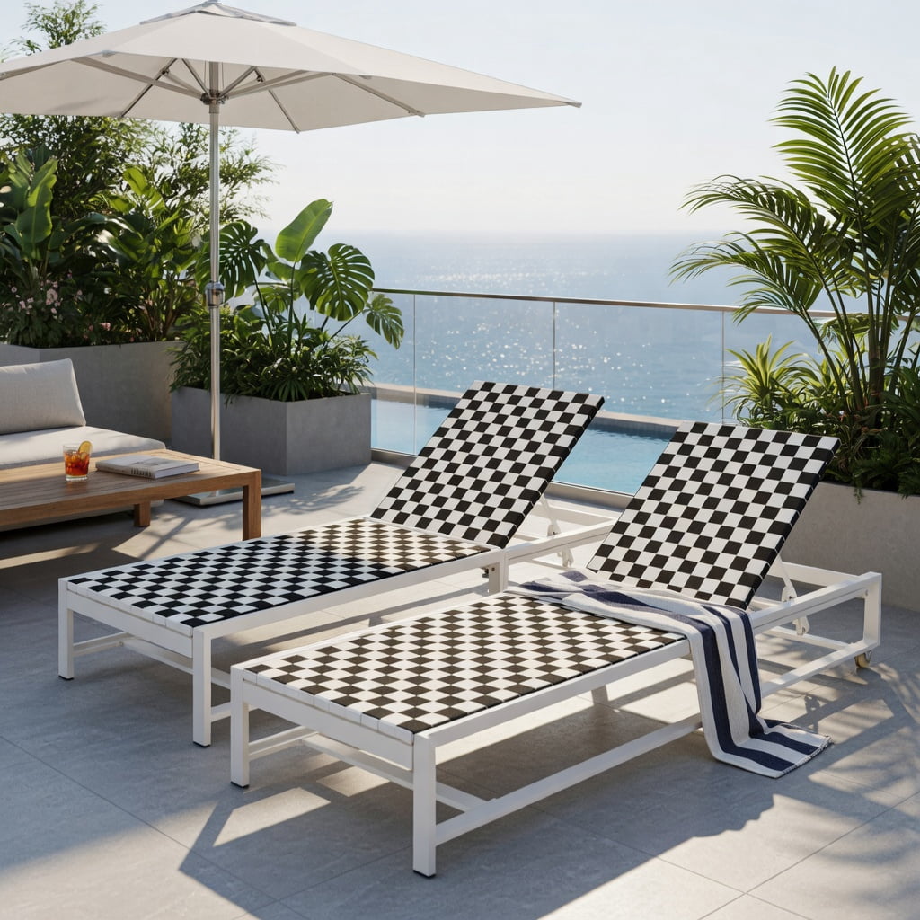 Hommoo Adjustable Outdoor Reclining Chaise Lounge Chair with Wheels, Steel Frame Patio Lounger for Deck, Backyard, Poolside, Black & White