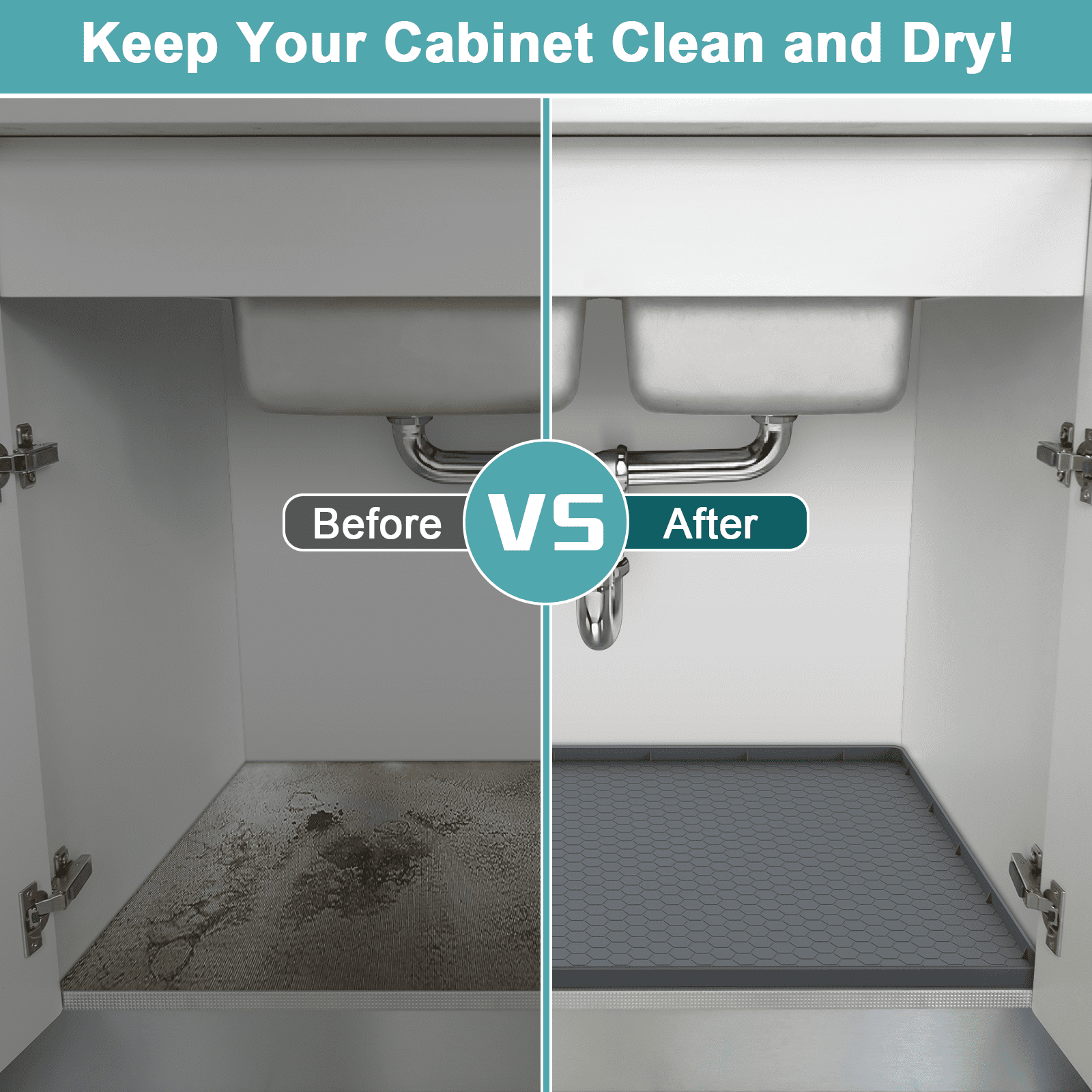 Waterproof Silicone Under Sink Mat with Lip for Kitchen and Bathroom, Under Kitchen Sink Mats and Protectors for 34" x 22" Cabinets, Under Sink Tray Organizer, Shelf Liners Cabinet Liner, Gray