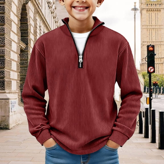 Boys Quarter Zip Pullover Sweater Casual Corduroy Polo Sweatshirt Lightweight Pullover Tops Wine 150