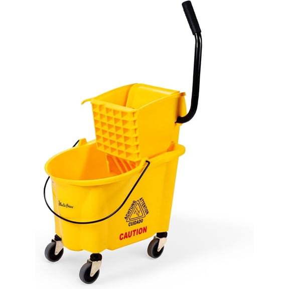 Commercial Mop Bucket with Wringer on Wheels, Heavy Duty Industrial Mop Bucket and Wringer, Side-Press Bucket with Wringer Set for Home Office Restaurant Business, 26-Quart Yellow