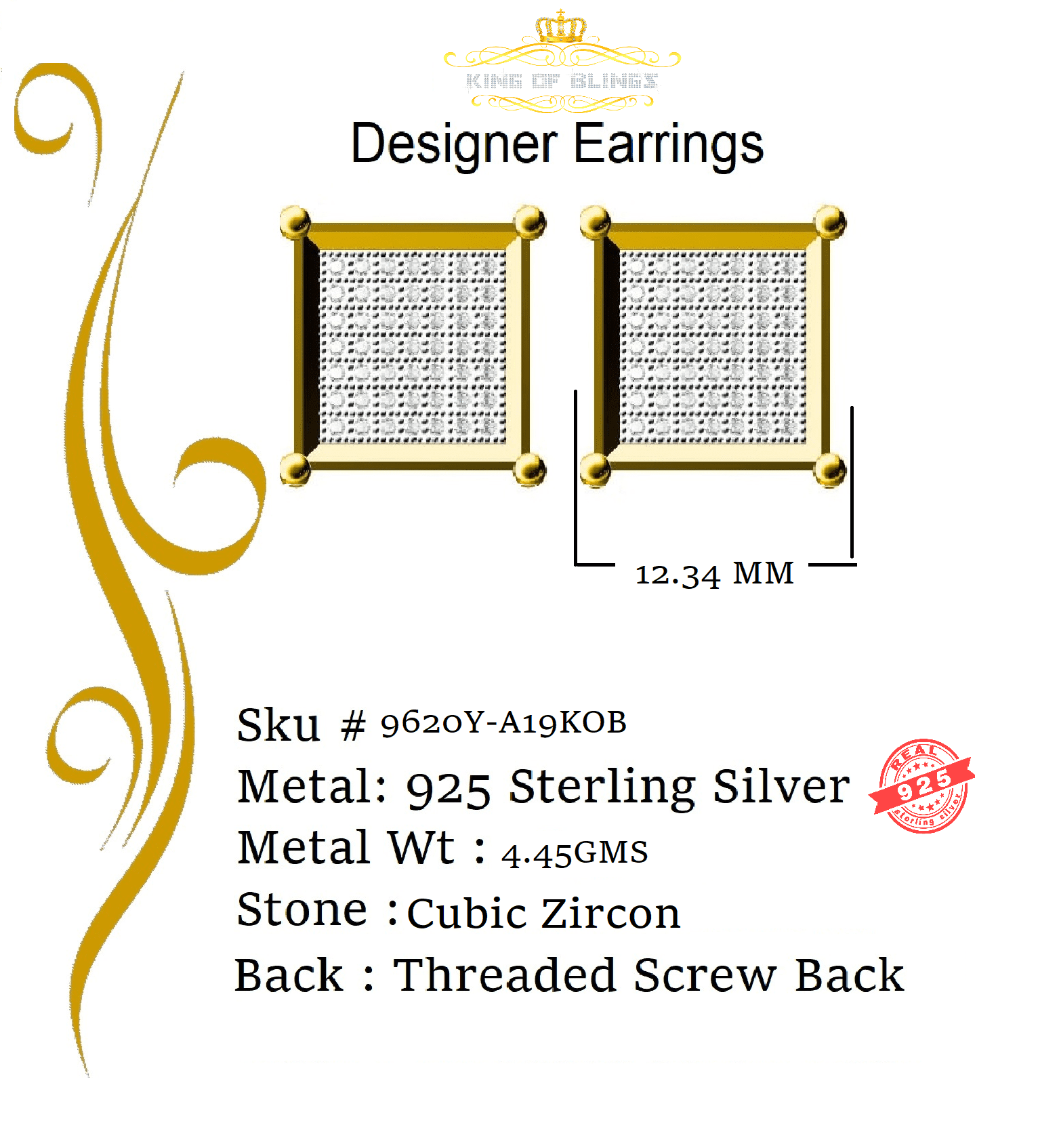 King of Bling's 925 Yellow Silver Hip Hop 0.78ct Cubic Zirconia Women's Square Stud Earrings