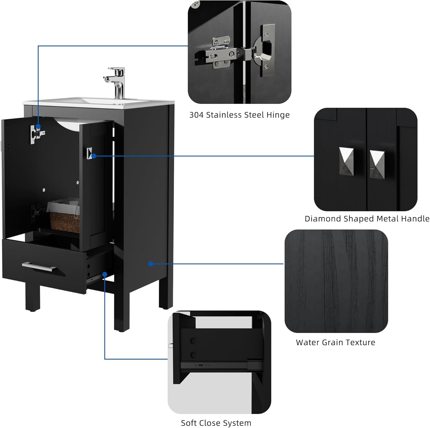 Goodyo 20 inch Bathroom Vanity Sink Combo, Black Bathroom Cabinet with White Sink Top, Black Water-Grain Ripple Pattern