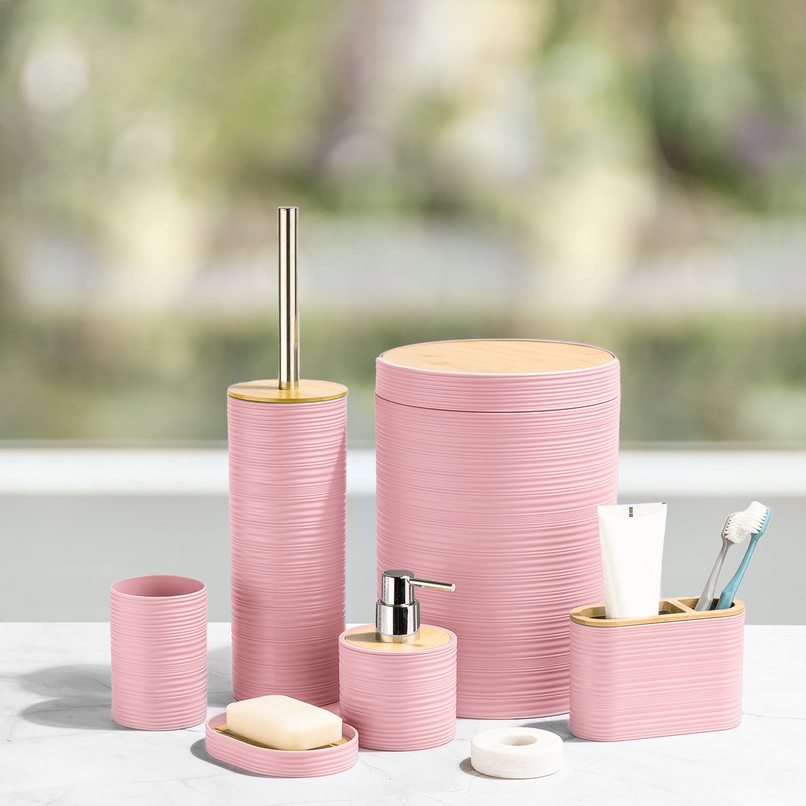CERBIOR Bathroom Accessories Set 6 Pcs Bathroom Set Ensemble Complete Soap Dispenser Toothbrush Holder Tumbler Soap Dish Toilet Cleaning Brush Trash Can, Pink