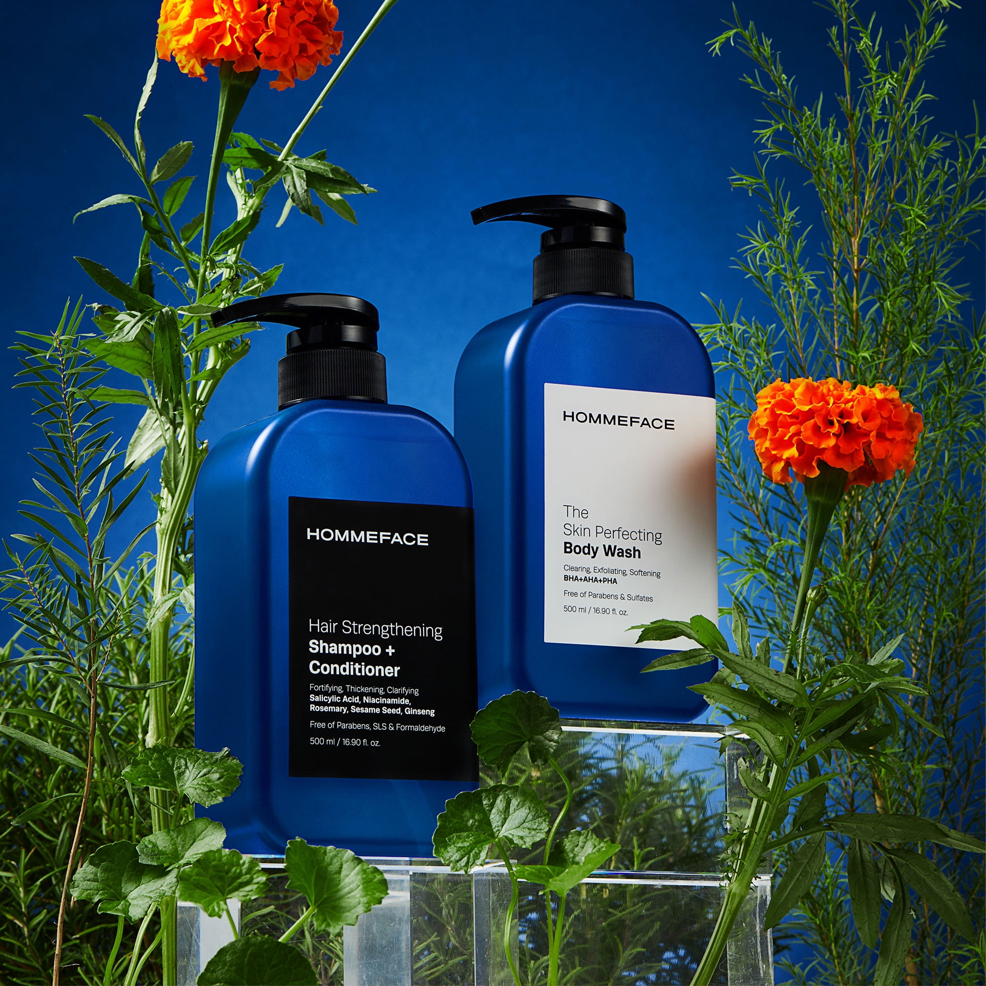 HOMMEFACE Triple Action Shower Kit for Men - Hair & Body Wash Set Includes a 2-in-1 Hair Strengthening Shampoo + Conditioner & Body Wash with Pump for Acne-Prone Skin
