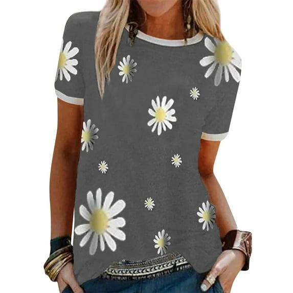 ManHanLi Women Daisy Print Contrast Color Stitching Crew Neck Short Sleeve T-Shirt