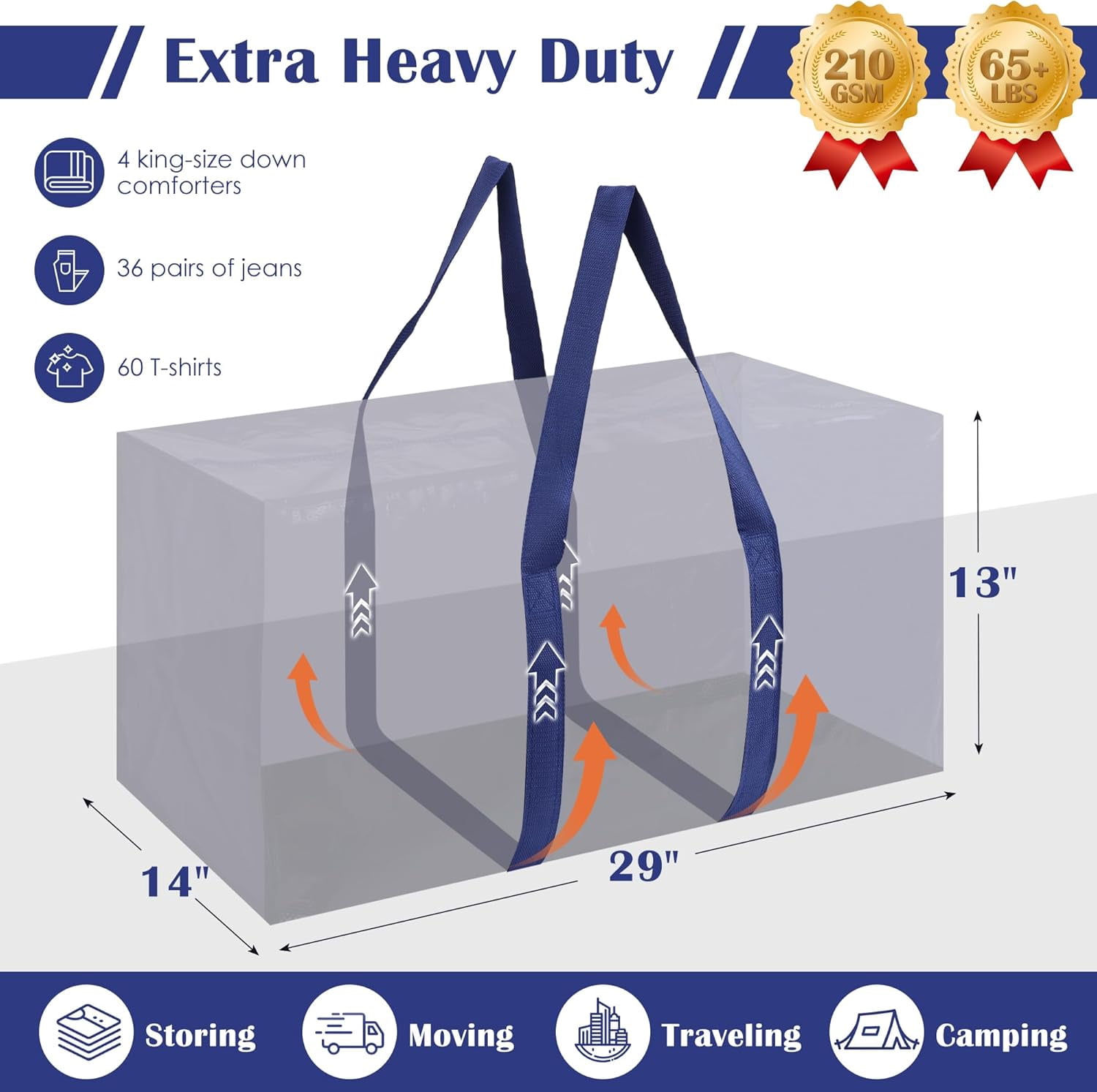 Extra Large Heavy Duty Moving Bags, 12 Pack with Reinforced Zipper & Wide Handles, Moisture-Resistant Storage Bins Packing Cubes for Clothes, College Dorm, Travel, and Home Organization, Dark Blue