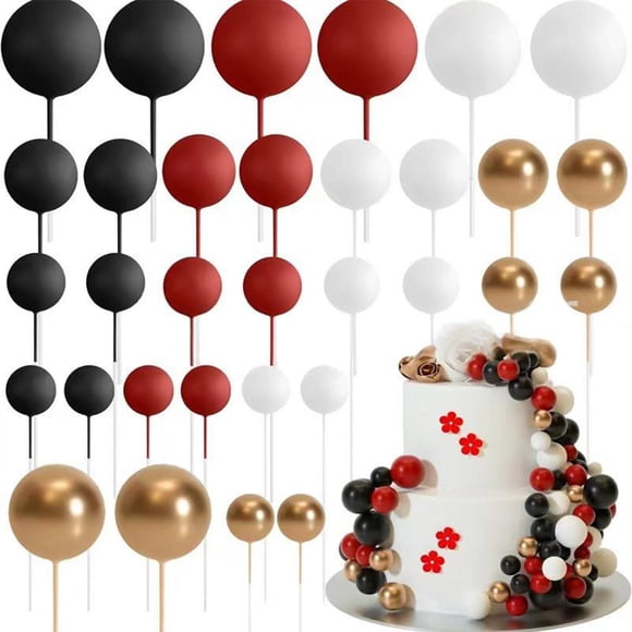 Decoración para tartas AQUGOO, 32 unidades, bolas rojas, negras, blancas y doradas