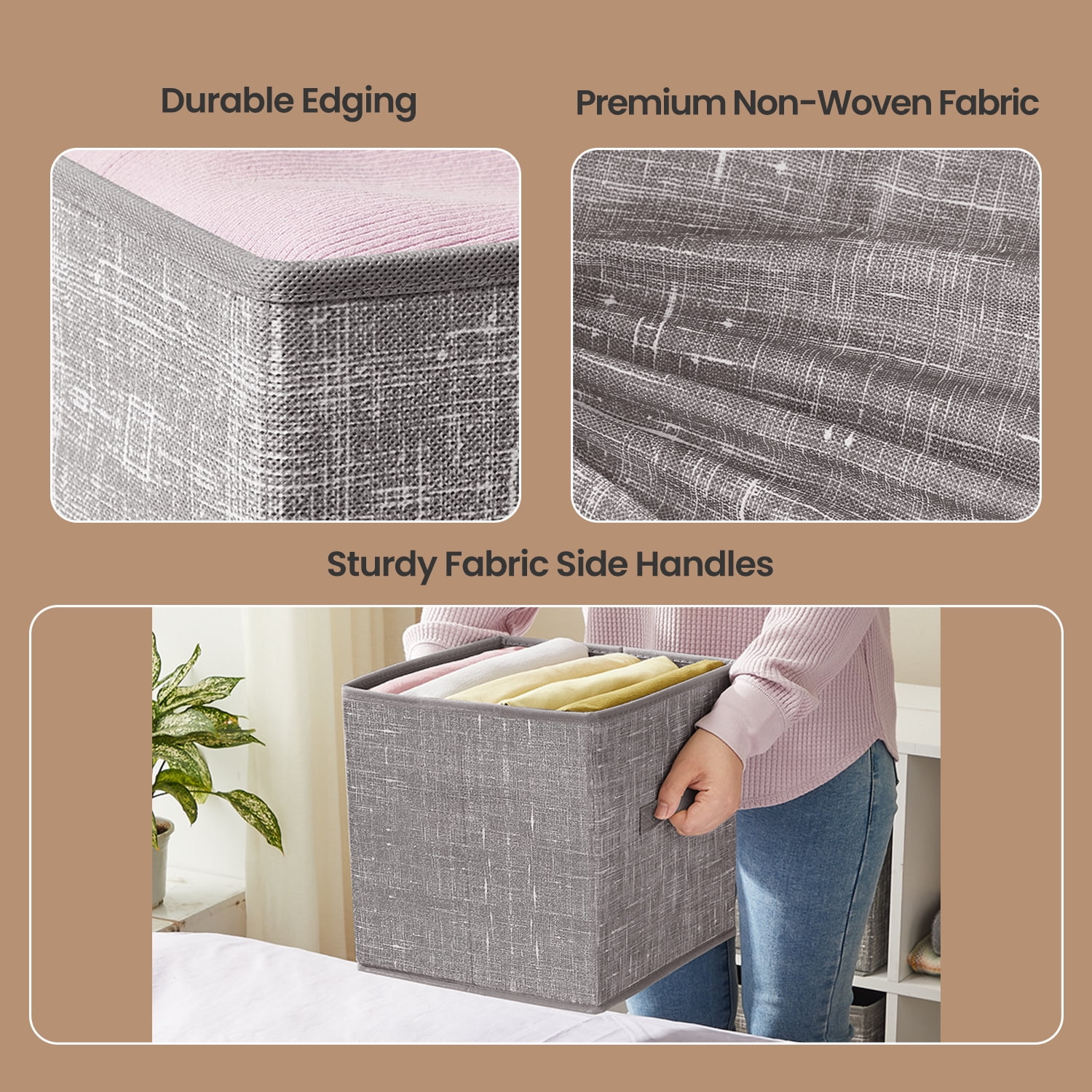 LEDREM 10.2" Storage Cubes Organizer - 6-Pack Foldable Fabric Bins with Double Handles, Shelving System for Clothes, Toys, Taupe