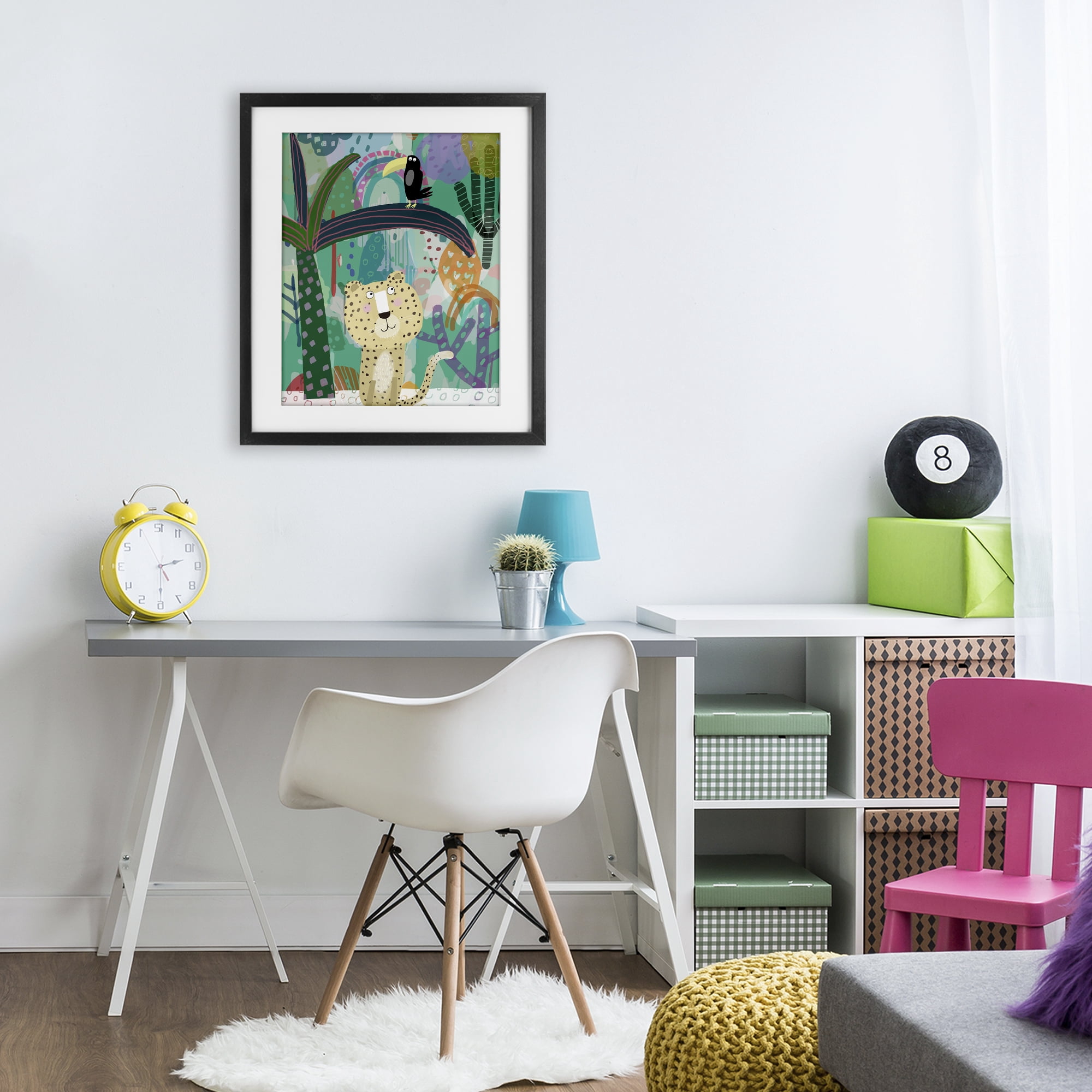 Jungle Cheetah & Toucan Black Framed Print Under Glass, design by Carla Daly