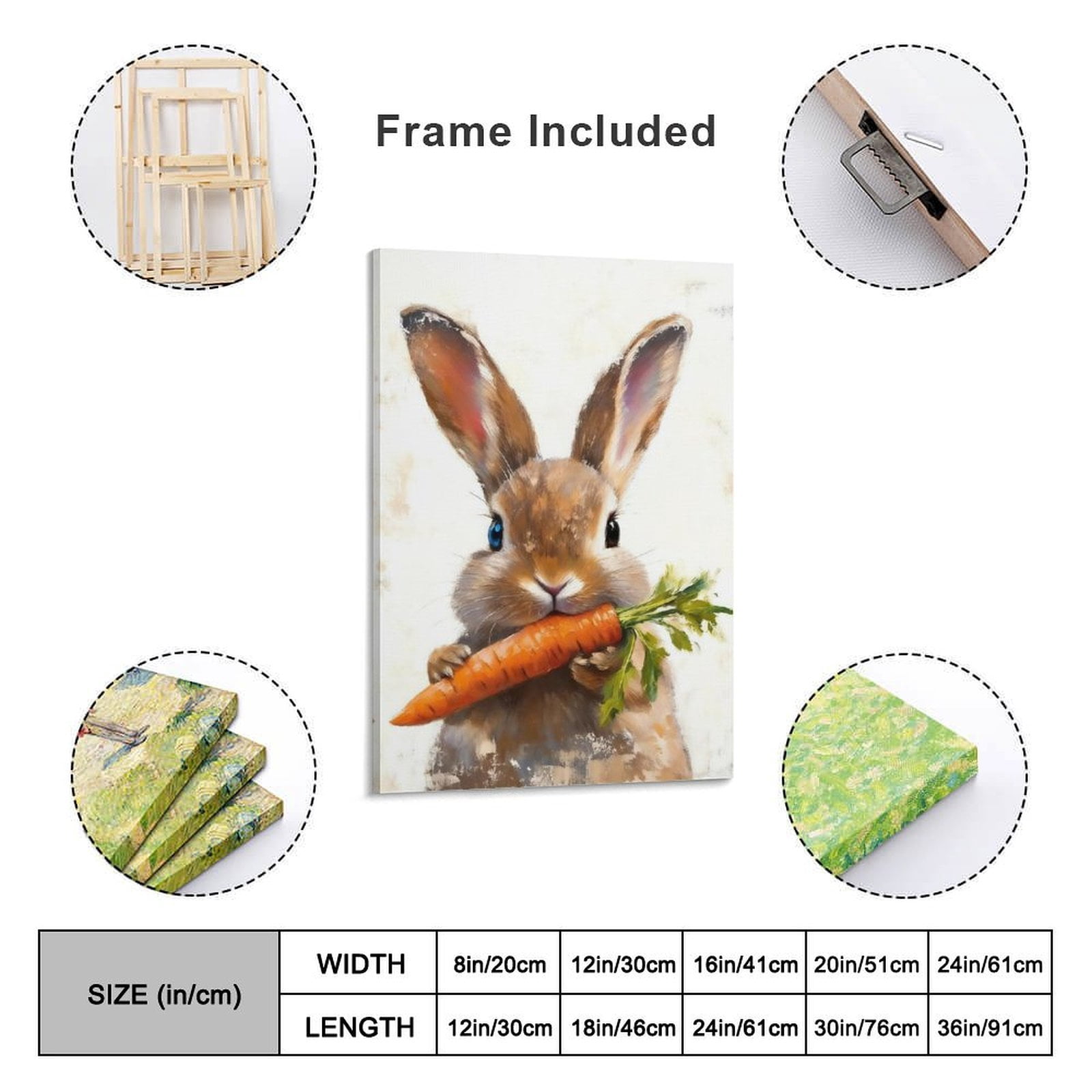 Framed Vintage Rabbit Canvas Wall Art, Cute Easter Bunny with Carrot Pictures Wall Decor, Spring Farmhouse Animal Paintings Prints Cottagecore Home Decor for Living Room kitchen Nursery