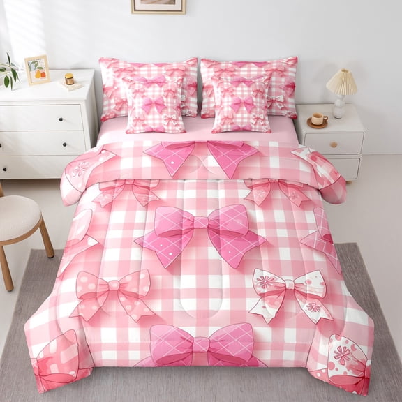 Manfei Cartoon Abstract Bowknot 7-Piece Twin Bedding Sets for Girls, Kawaii Buffalo Plaid Bedding Comforter Set, Fairy Tale Reversible Sheet Sets, Luxury Bedroom Decor