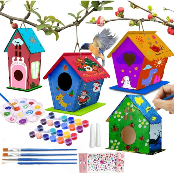 4 Pack Kits de Nichoir pour Enfants de 4-6 Ans 8-12 Ans, Bricolage Birdhouse pour Construire et Peindre, Peinture pour Enfants de 4-8 Ans, Arts en Bois Birdhouse, Anniversaire Idéal, Fête des Enfants, Cadeau de Noël
