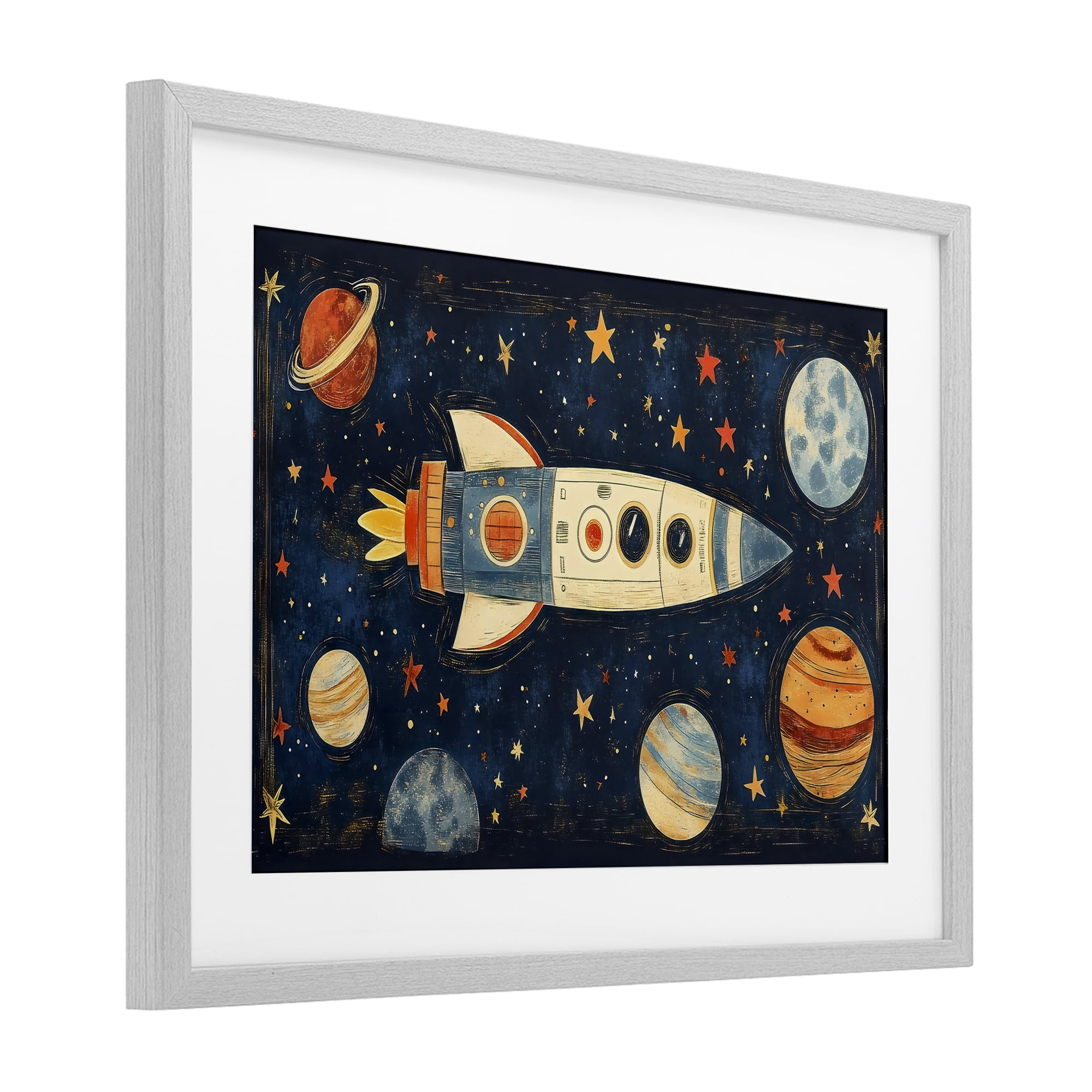 Stupell Industries Retro Rocket & Planets Gray Framed Print Under Glass, design by Creative Studio