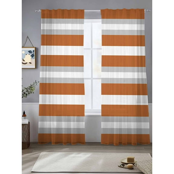 Burnt Orange Grey Stripe Sheer Curtains for Living Room Bedroom Minimalist Farmhouse Striped Sheer Curtains 108 Inch Long 2 Panels Set Light Filtering Curtain Window Treatments Drapes for Dining Room