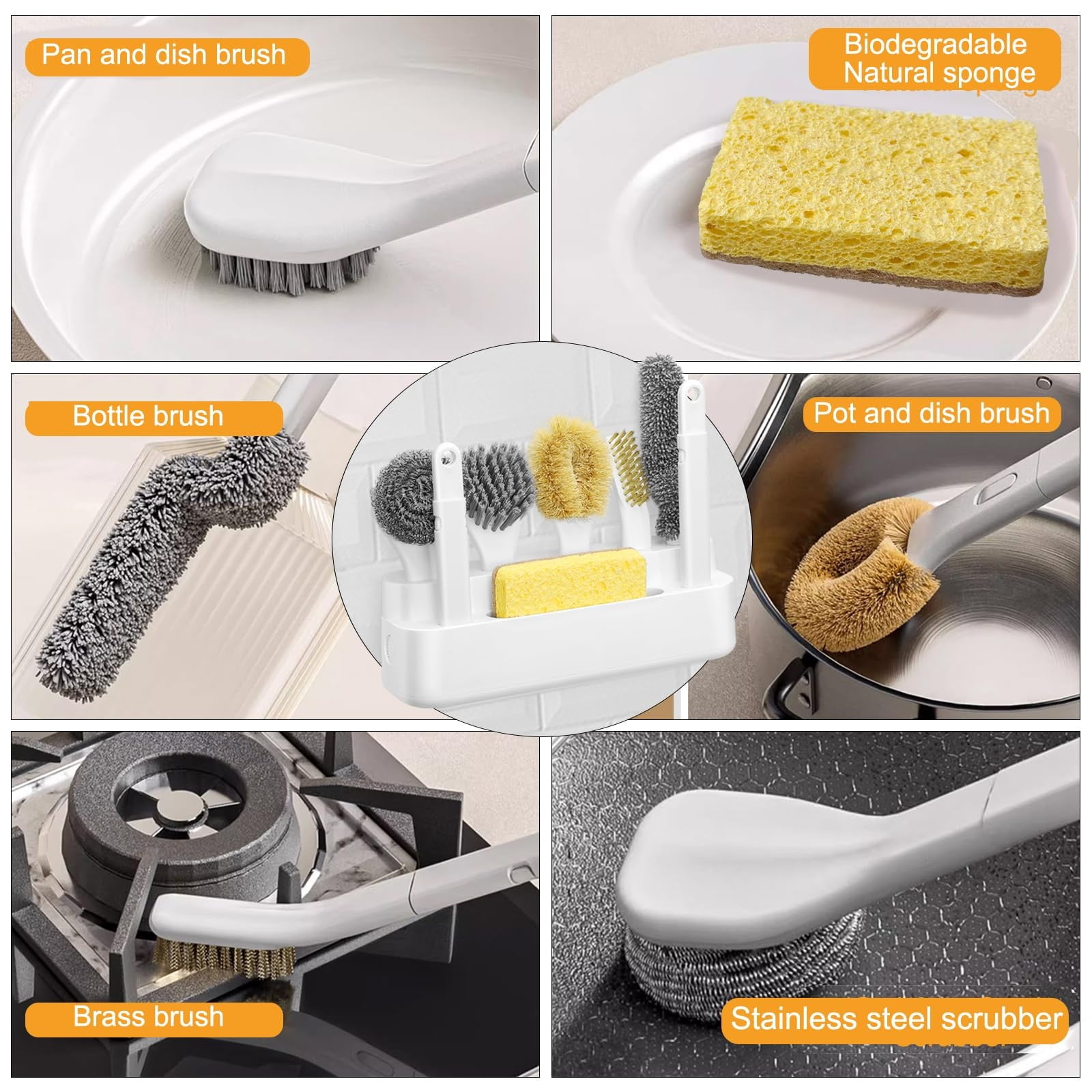 Dish Brush Set Of 6 With Holder, Kitchen Counter Cleaning Brush Set,Easy Storage,Kitchen Scrub Brushes With Non-Slip Long Handle For Cleaning, Scrubber, Dishwashing, Dishes, Bottles, Cups, Pots,White