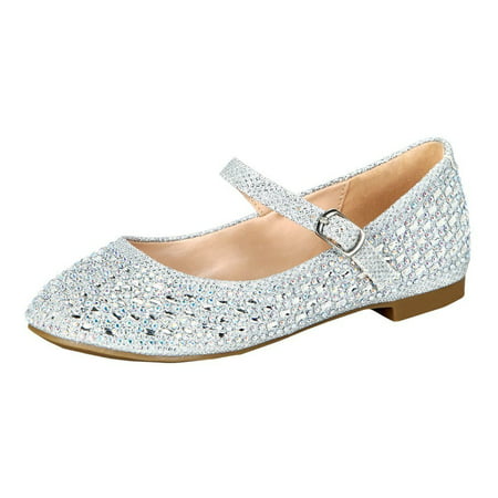 Blossom Girl - Little Girls Silver Glittery Bejeweled Mary Jane Dress ...