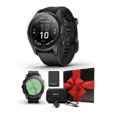 Garmin Fenix 7S Pro Sapphire Solar (Carbon Gray DLC/Black) Multisport GPS Smartwatch | Gift Box with PlayBetter Screen Protectors, Charger, Wall Adapter, & Hard Case