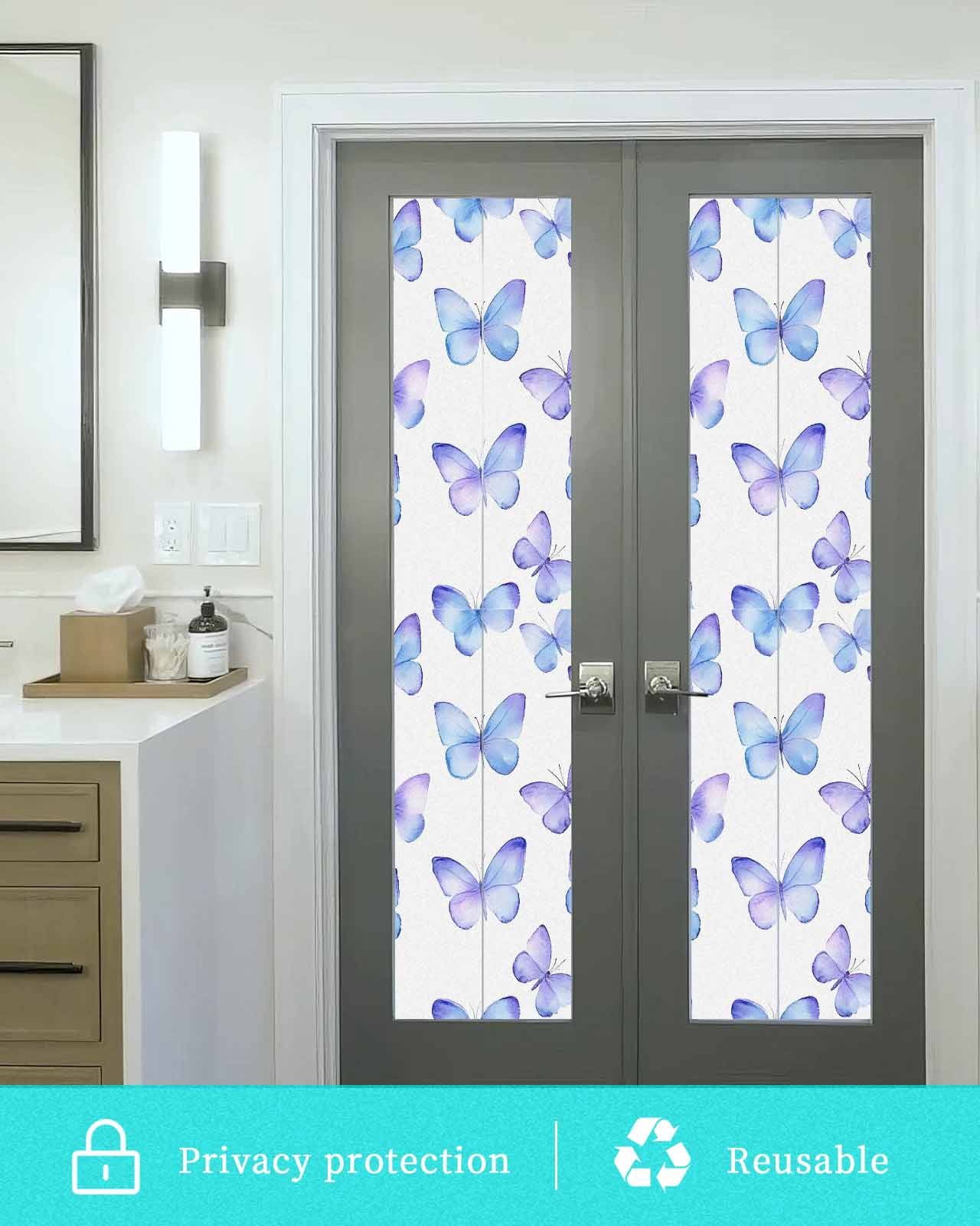 Window Privacy Film Blue Purple Butterfly Stained Glass Window Film Decorative Sun Block Window Cover Elegance Watercolors Butterflies Window Clings Static Adhesive Sticker for Bathroom 17.7"x78.7"