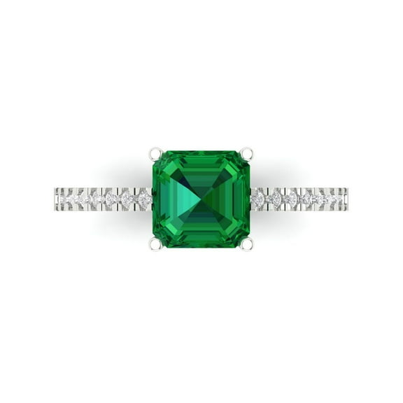 2.7 ctw Solitaire with Zirconia Diamond Accents Anniversary Ring for Women | Cushion Cut Simulated Emerald | Hyperallergenic Solid 14K White Gold