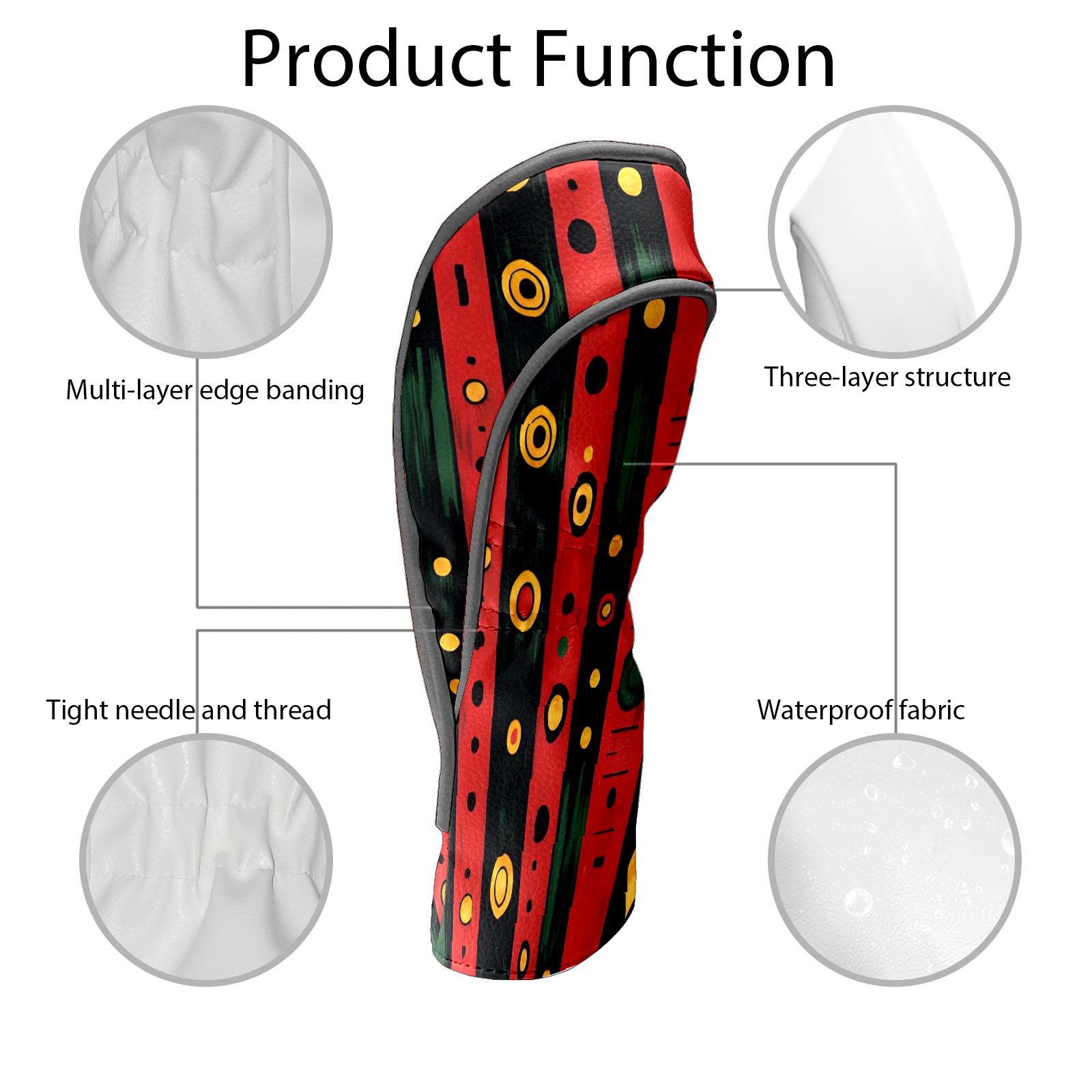 Golf Club Covers, Red GeometricStripe Premium PU Leather Driver Hybrid Putter Head Covers with Velvet Lining, Waterproof Golf Gifts for Men Women