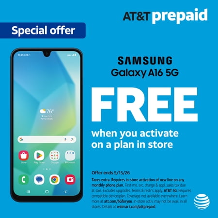 AT&T Samsung Galaxy A16 5G, 64GB, Blue Black - Prepaid Smartphone