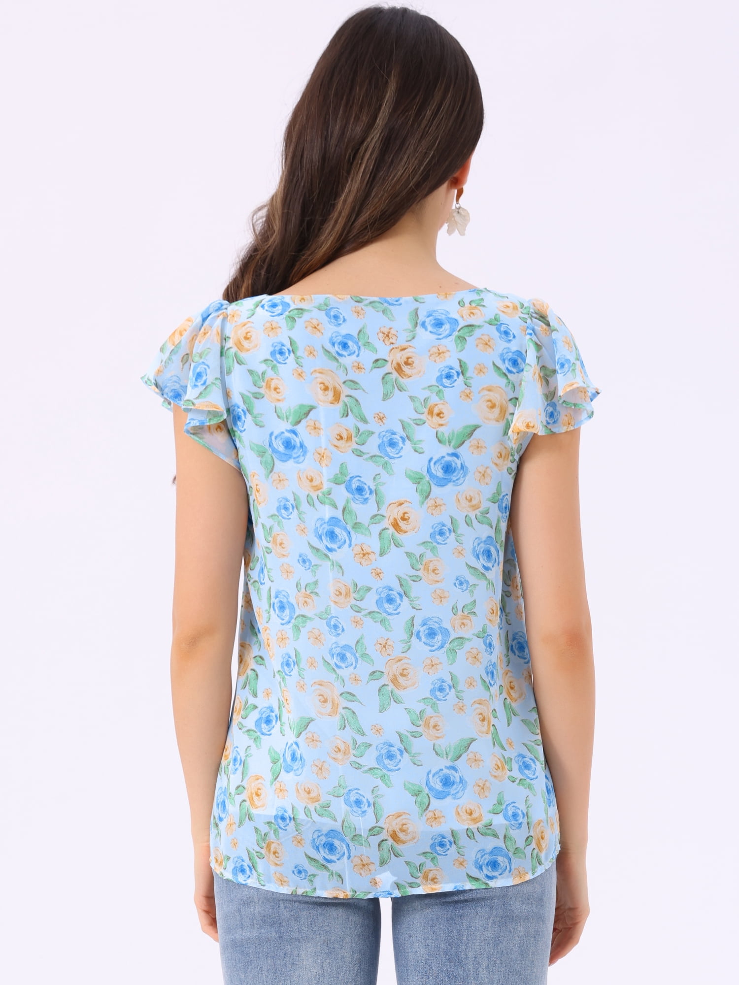 DARING DIVA Square Neck Ruffle Sleeve Chiffon Blouses  XS Sky Blue