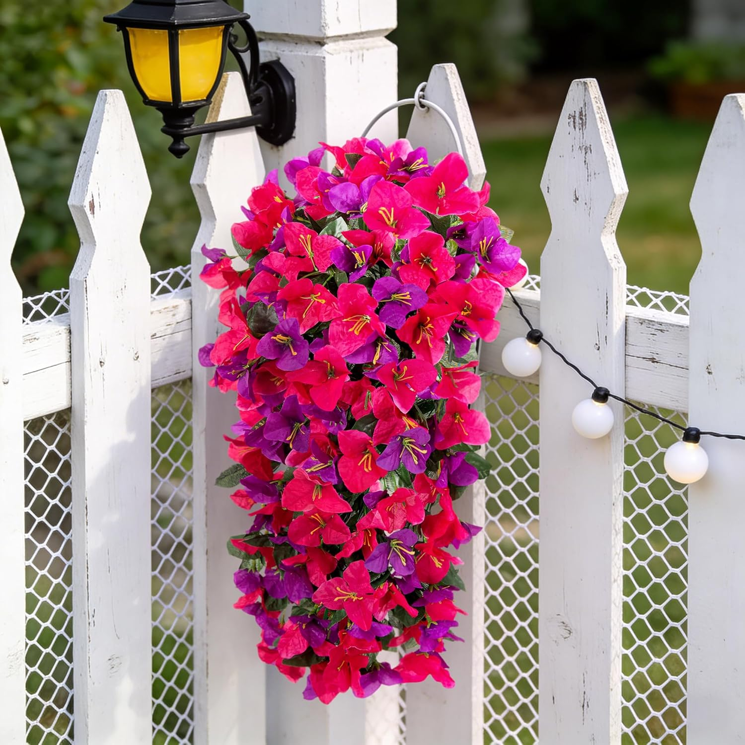Scidweet Artificial Bougainvillea Flowers for Outdoors, 4 Pcs Faux Silk Hanging Flowers Long Trailing Fake Vines for Front Door Porch Yard Balcony Patio Summer Spring Home Decor, Red Purple