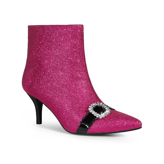 Unique Bargains Rhinestones Pointed Toe Stiletto Heel Glitter Ankle Boots for Women Hot Pink (Size 9)