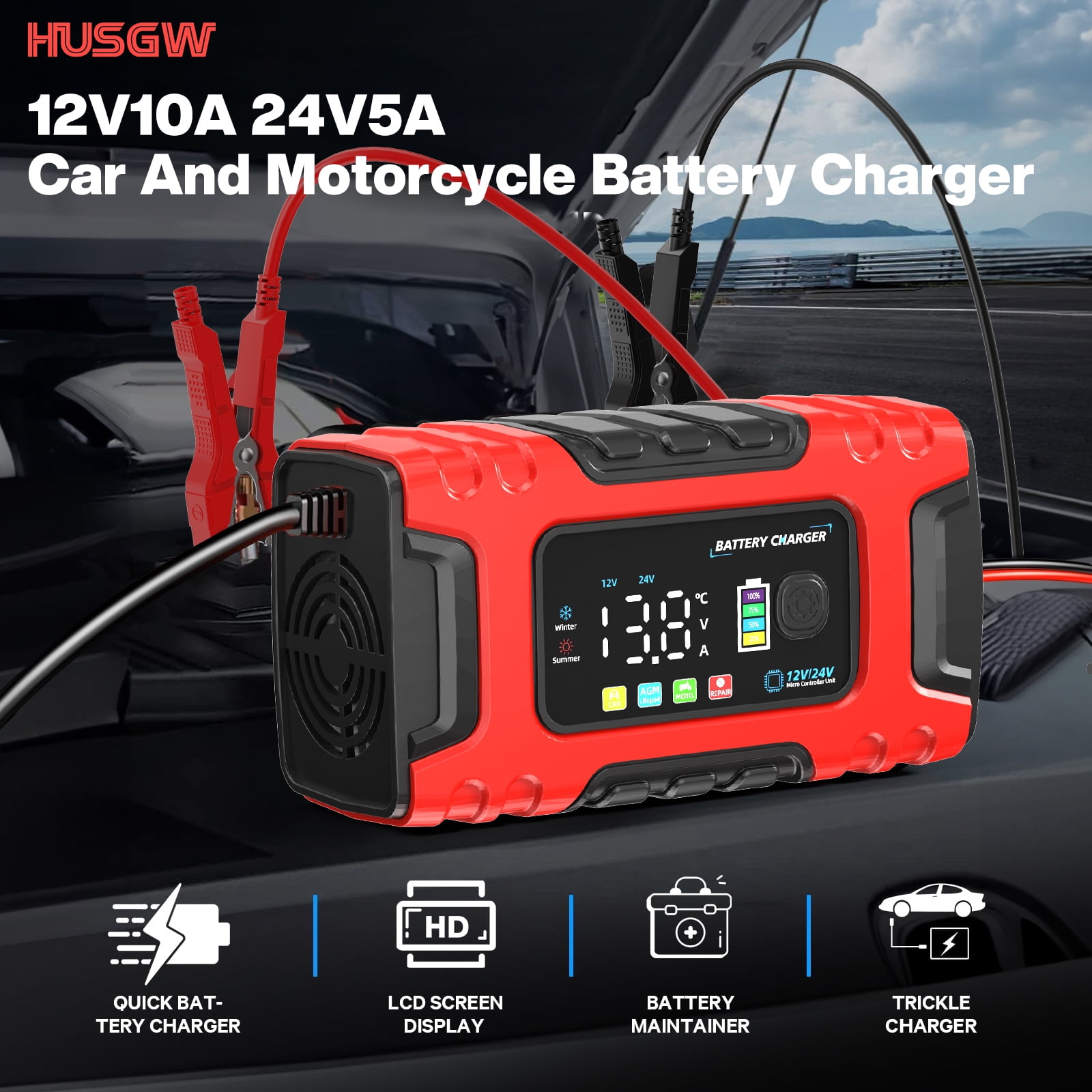 HUSGW Battery Charger 12V10A/24V5A Fully-Automatic Smart Car Battery Charger, Battery Maintainer Trickle Charger, Compatible with Lead-Acid & LiFePO4 ,AGM, STD, Gel, Deep Cycle Batteries