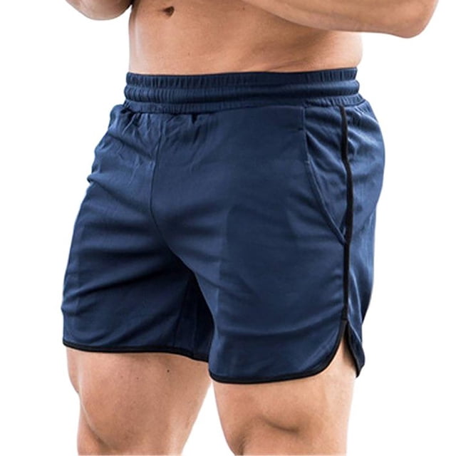 Pantalones cortos deportivos para hombre, de secado rápido, de tela de malla, con cierre de cordón, para entrenamiento y correr, color azul marino, talla L