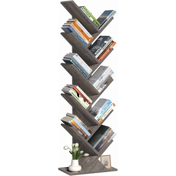 WLTER 10 Tier Tree Book Shelf, Floor Standing Wood Bookshelf for Narrow Space, Storage Organizer Bookshelves for Books/CDs/Magazine, Bookcase with Shelves for Home Office, Living Room - Light Grey