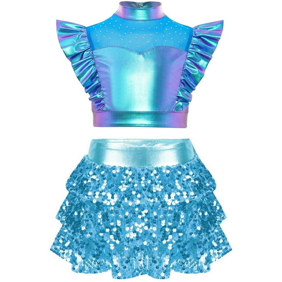 SiiRoh Girls Metallic Crop Top with Sequin Ruffle Tiered Skirt Sparkly Disco Jazz Dance Outfit Sets Blue 6