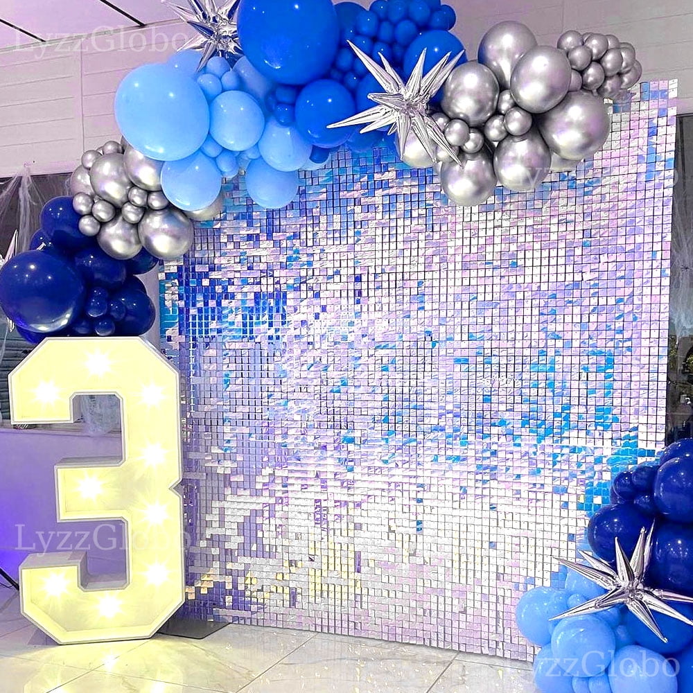 30PCS Iridescent Blue Sequins Wall Panels 6x5FT Holographic Laser Blue Shimmer Backdrop Panel for Birthday Baby Shower Wedding Decor