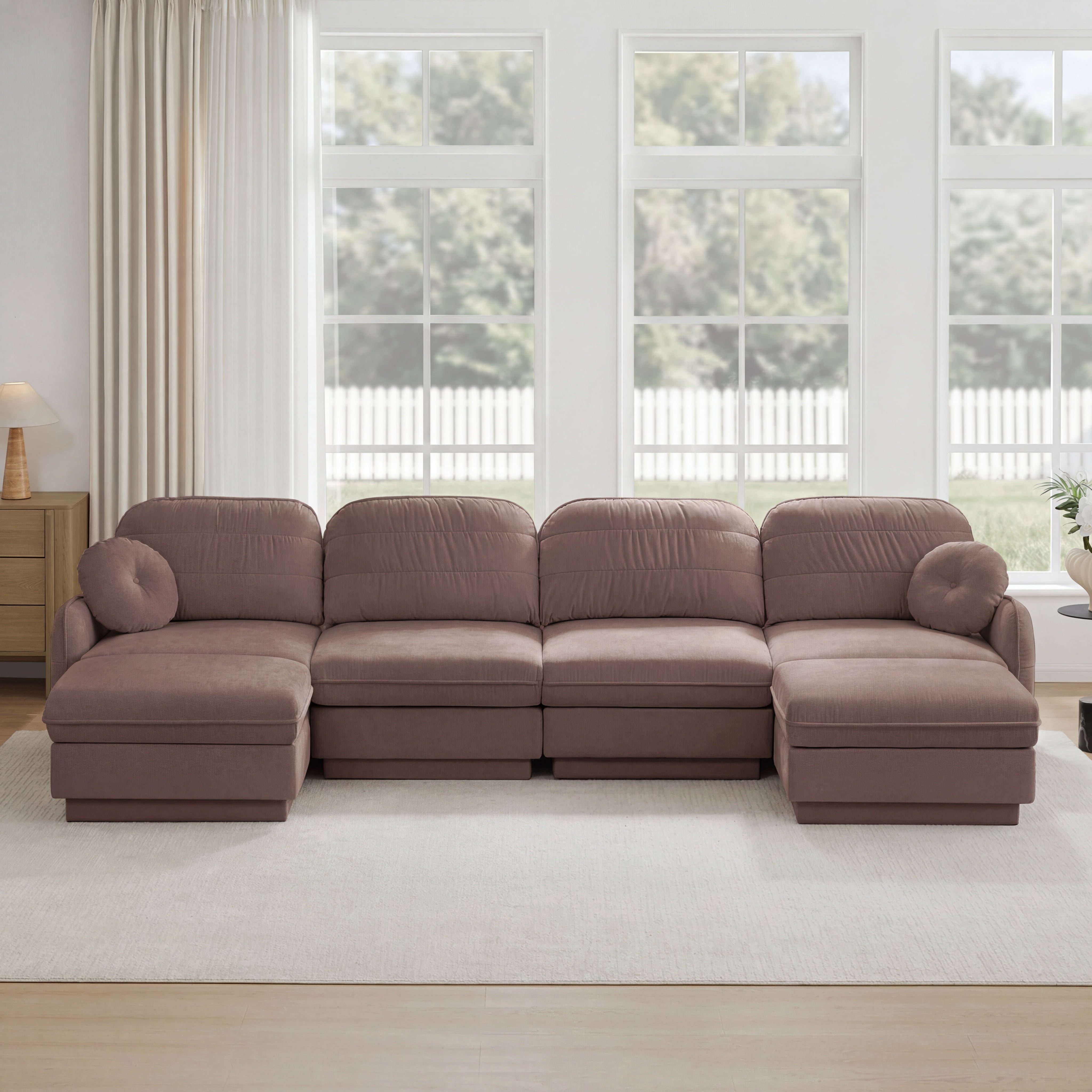 Mintazer 137" Chenille Cloud 4-Seater Modular Sectional Sofa with 2 Movable Ottoman & Round Pillows, U-Shaped Ergonomic Sofa Couch for Living Room, Apartment, Rose Dust