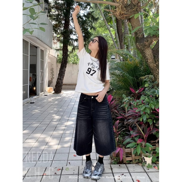 REDDACHiC Retro Y2k Baggy Jorts Women Men Whiskers Black Jeans Low