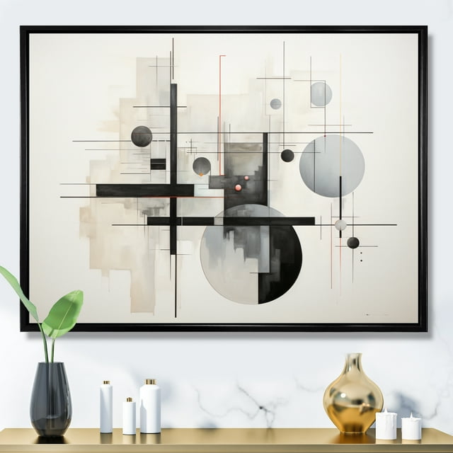 Designart Abstract Suprematism framed wall art decor, Abstract Suprematism framed wall Art, Beige Grey Suprematism Silent consistency I , Extra large Modern black framed wall art, black frame
