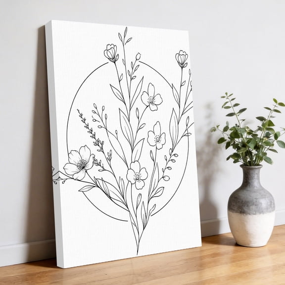Line Art Flower Canvas Wall Art, Rustic Minimalist Black White Floral Botanical Pictures Wall Decor Wooden Framed Artwork Art Prints for Living Room Hallway Bedroom Office 8"x10"