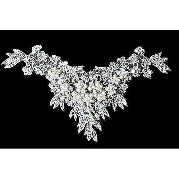 Lily 11"x6.5" White Beaded Sequins Organza Lace Bridal Applique Patch by Piece