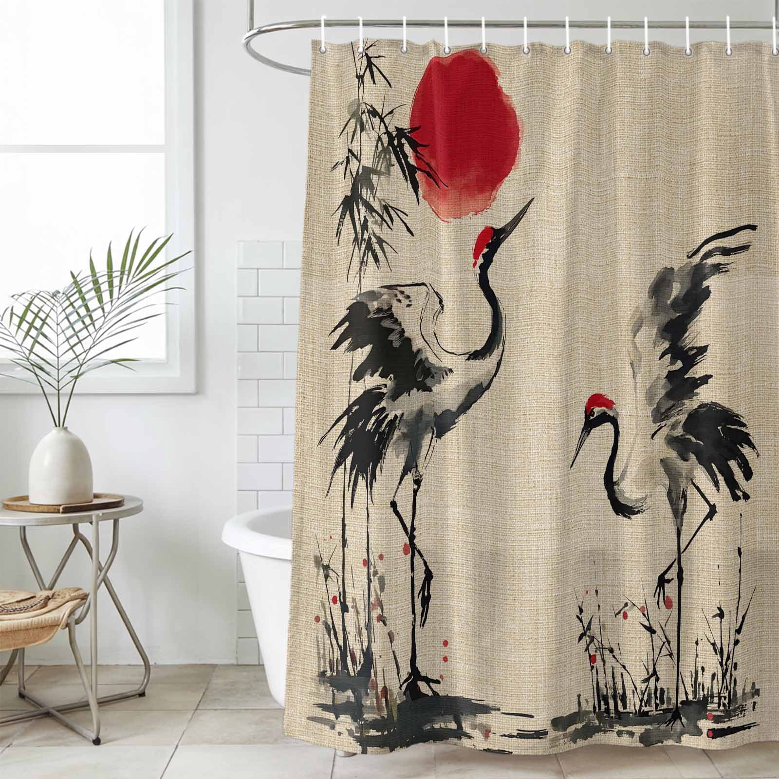 Small Stall Shower Curtain 36x72 Inch Narrow Half Size Crane Bath Curtains Bathroom Decor, Black White Ink Wash Red Moon Botanical Farmhouse Waterproof Fabric Shower Curtain Set with Hooks 36 Inch