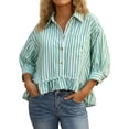 thumbnail image 7 of Yopmin 3/4 Sleeve Blouses for Women Striped Cropped Button up Shirts Ruffled Summer Loose Tops for Vacation Party, 7 of 7