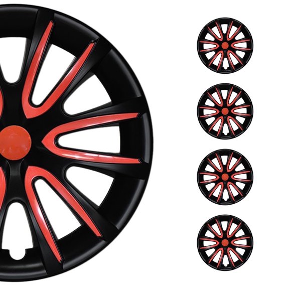OMAC 14" Inch Hubcaps Wheel Rim Cover Matt Black with Red Insert 4pcs Set